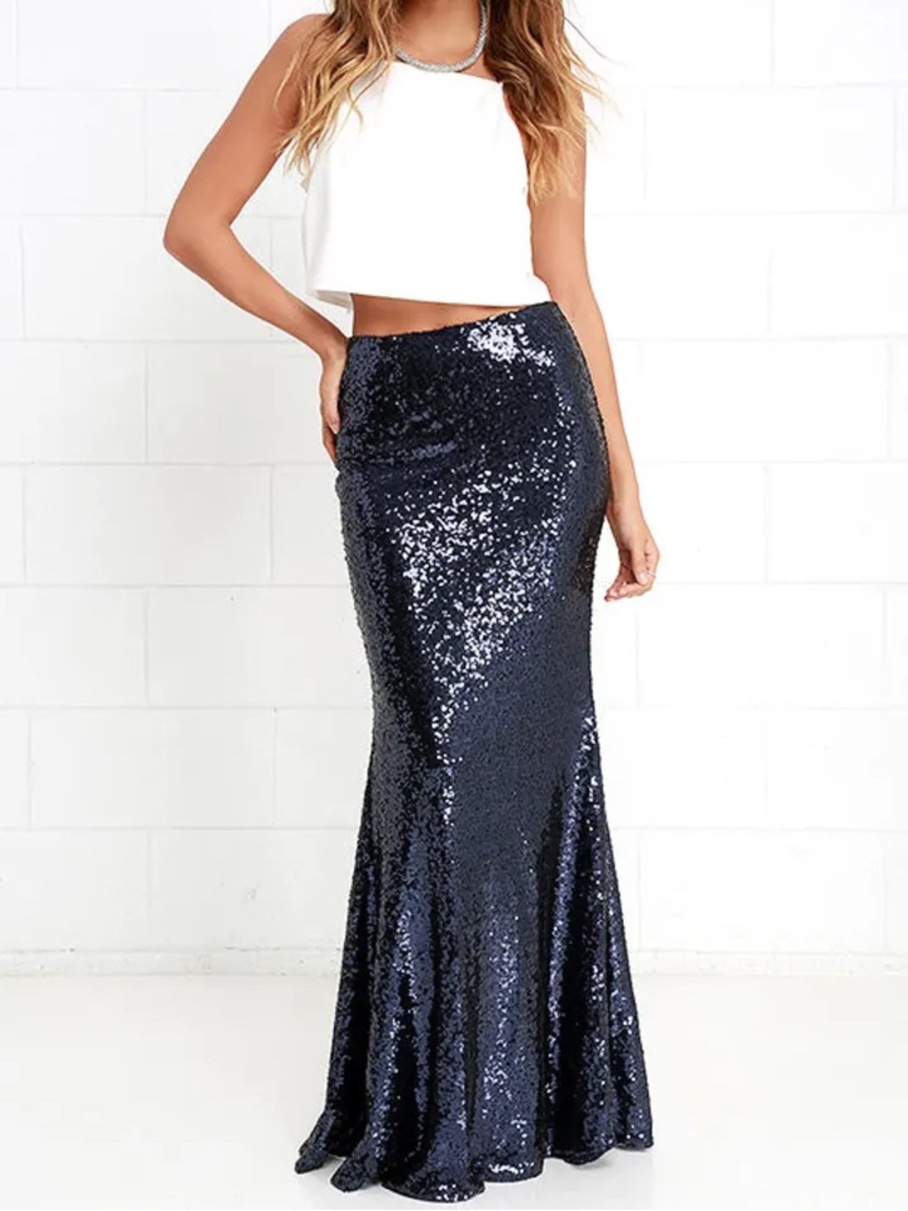 Calvin Klein Full Sequin Maxi Skirt Women’s Size 10 Navy Blue